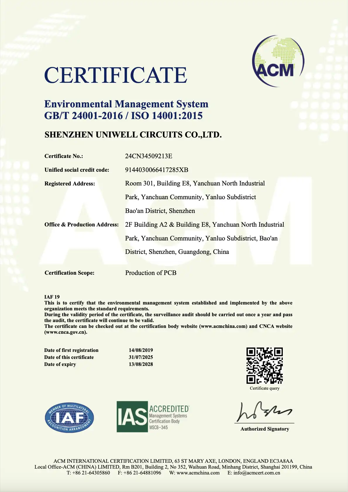 ISO 14001:2015 - Shenzhen Uniwell