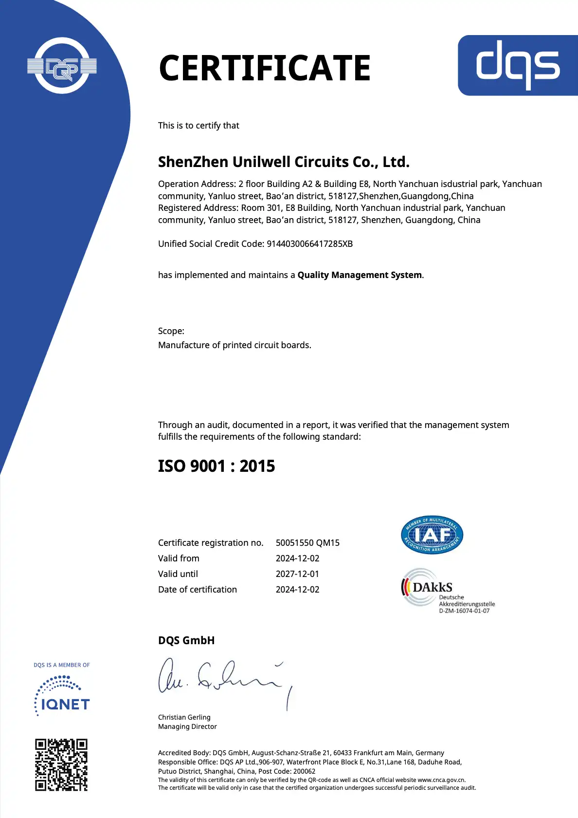 ISO 9001:2015 - Shenzhen Uniwell