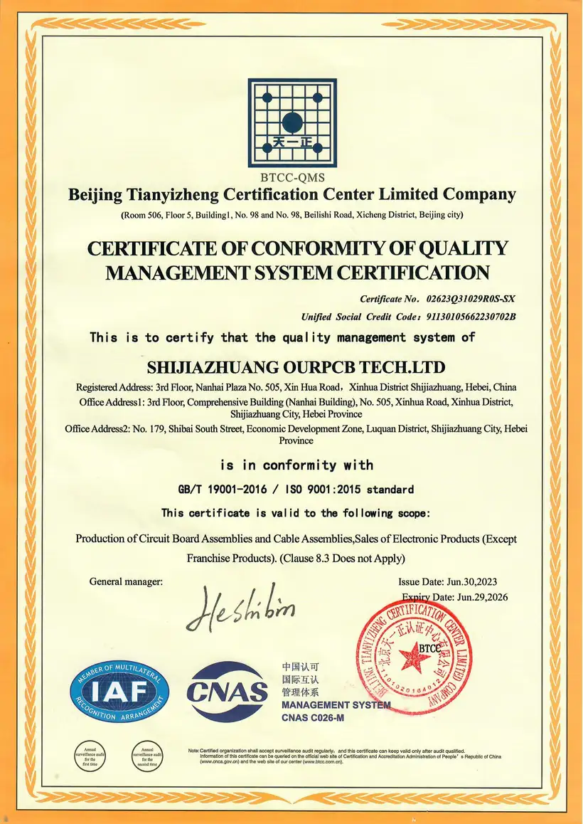 ISO 9001:2015 sertifikası - Shijiazhuang OurPCB