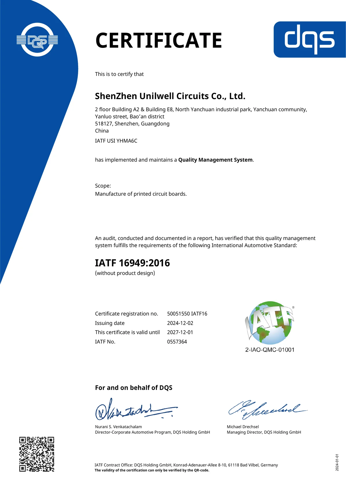 IATF 16949:2016 sertifikası - Shenzhen Uniwell