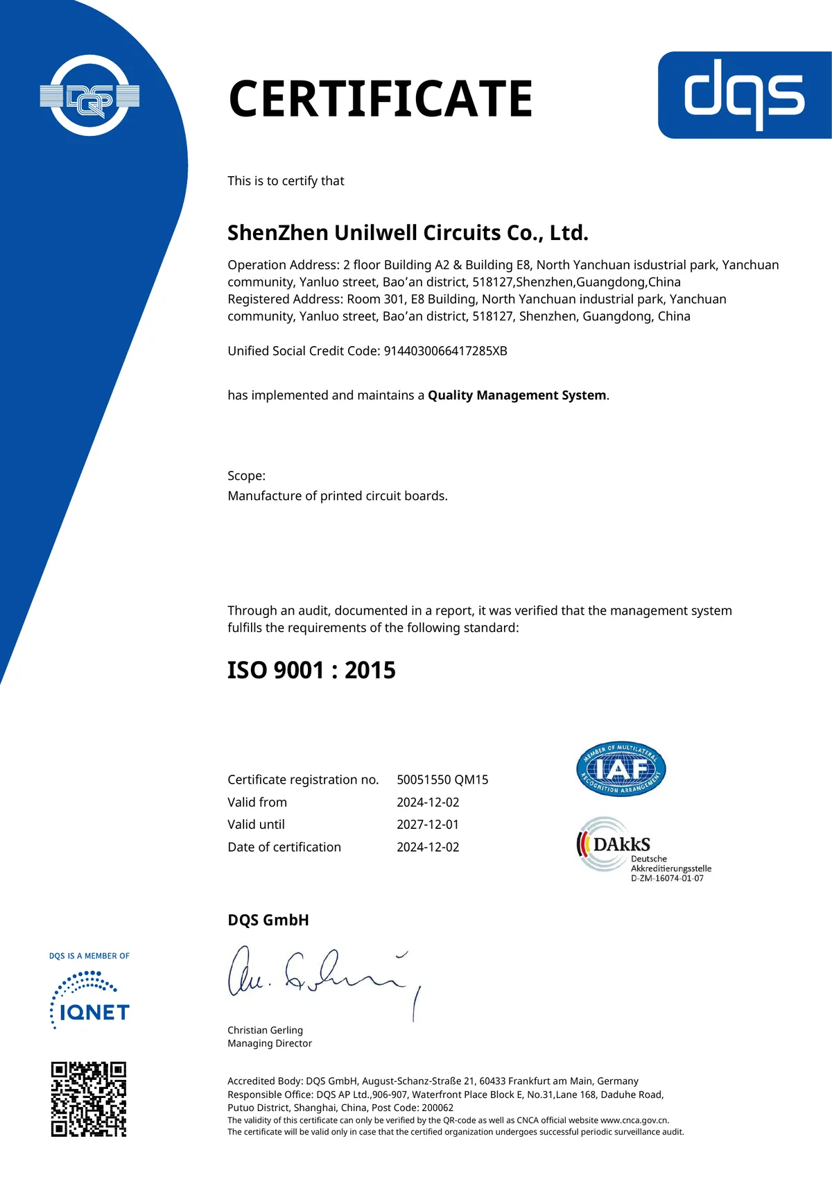 ISO 9001:2015 sertifikası - Shenzhen Uniwell