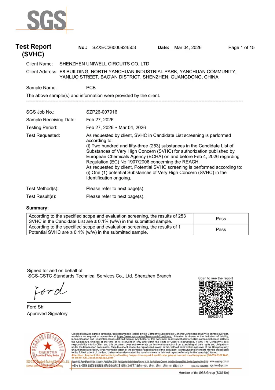 REACH (SVHC) sertifikası - Shenzhen Uniwell